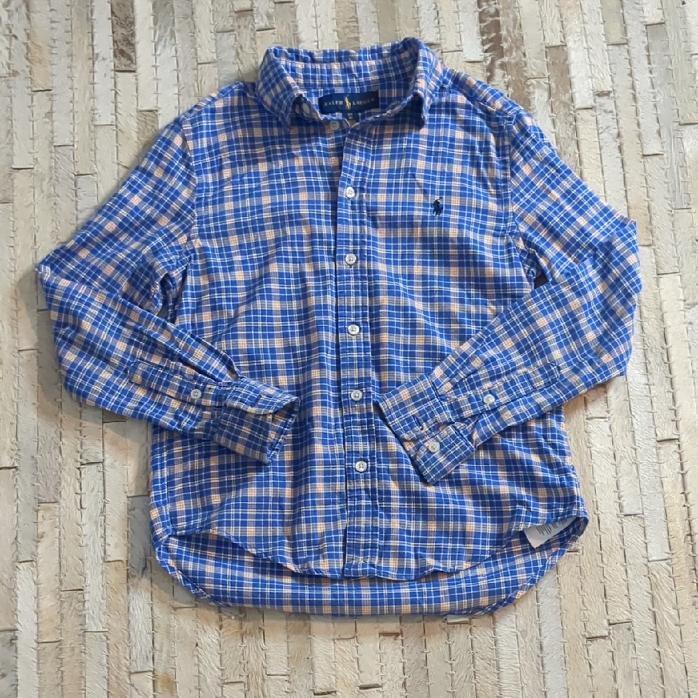 Ralph Lauren Plaid Button Down Shirt‎ Kids Size 8 Orange Blue Long Sleeve Pony